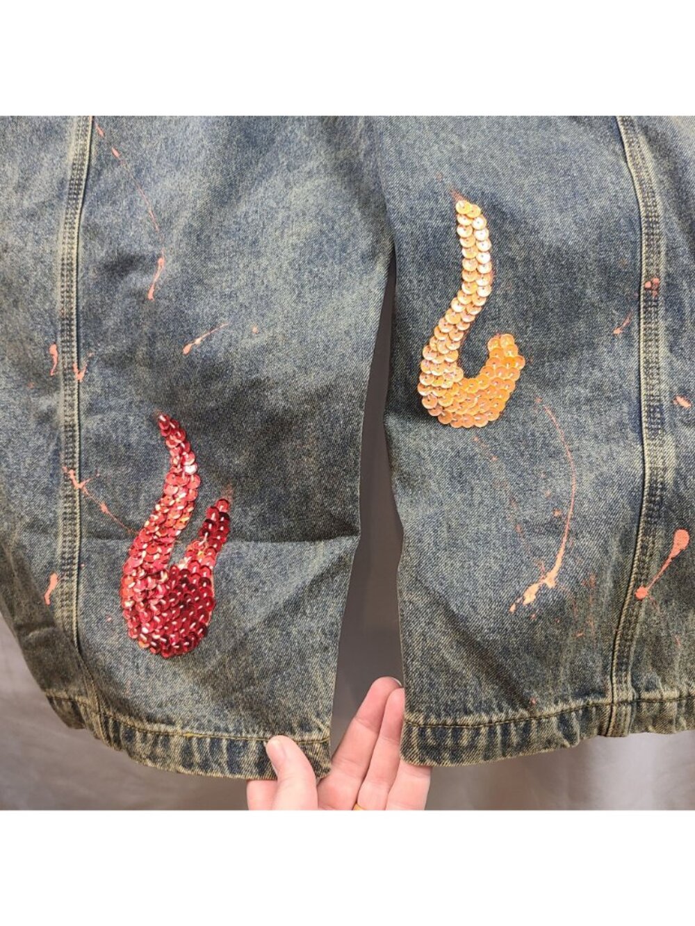 Kitmaple Denim Bib Overalls With Colorful Sequin Dragon Embroidery S-M - Picture 12 of 12